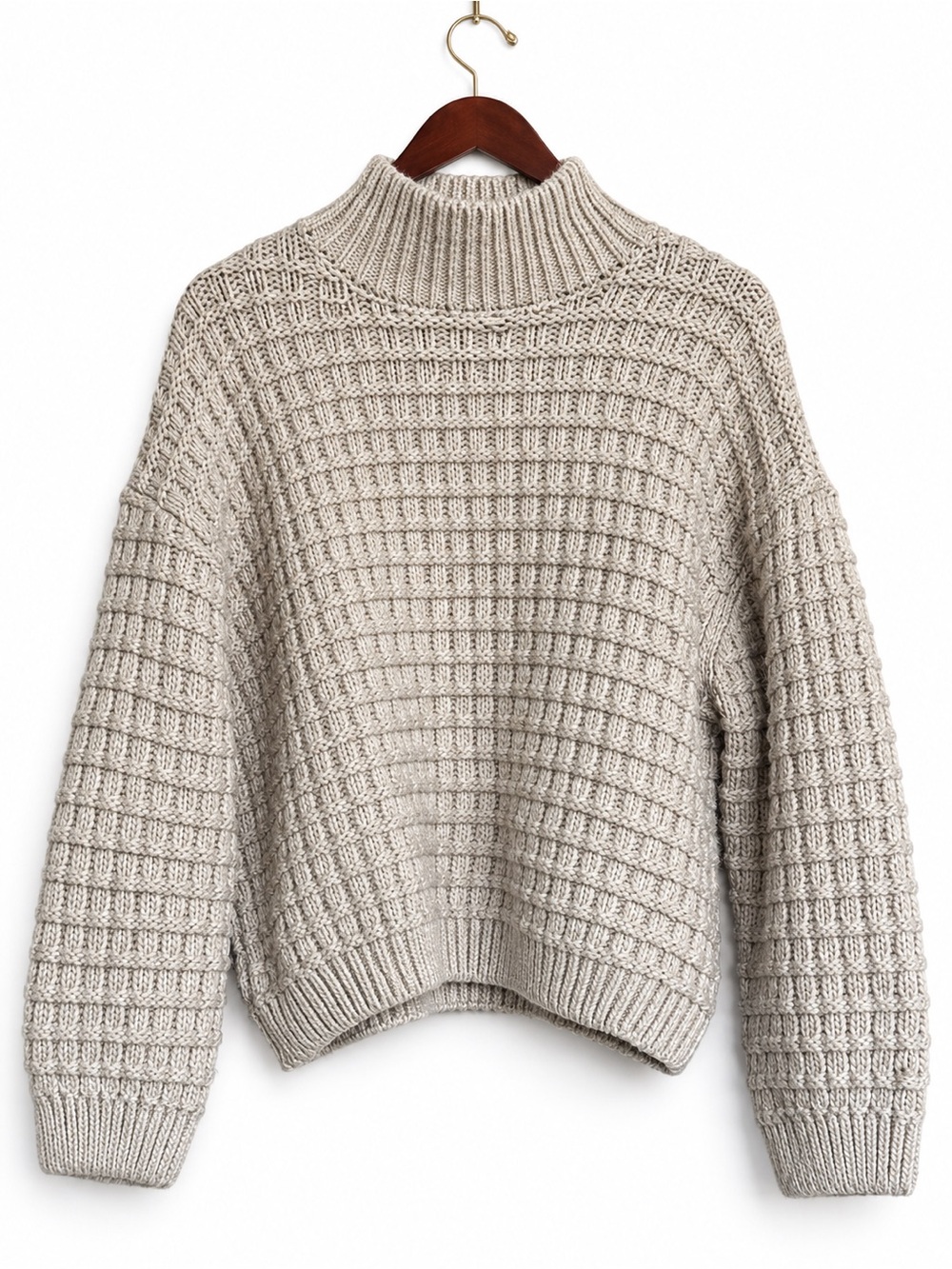 H&M Chunky Textured Knit Mock Neck Sweater Oatmeal Cream L